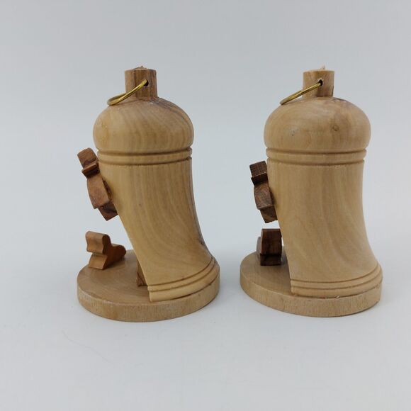 Olive wood Holy Land Carved Bell Nativity Bethlehem Israel Christmas Set of 2 - Picture 5 of 10
